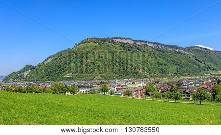 View on the town of Stans in Switzerland in the beginning of May. Town of Stans is the capital of the Swiss canton of Nidwalden.