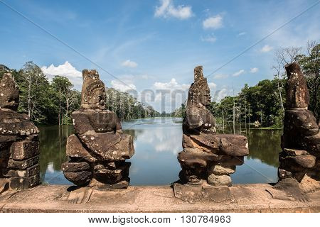 View of the Angkor Thorm temple built by Jayavarman VII in. The temple has the finest Buddhist architectures and a renowned tourist destination. It was the last capital of Khmer Empire.