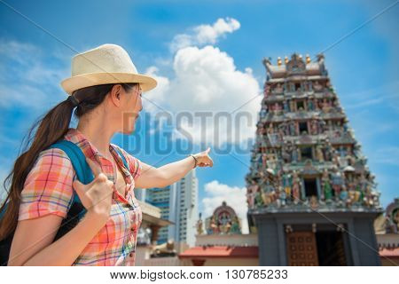 Happy Asia Woman Travel In Singapore, Sri Mariamman Temple