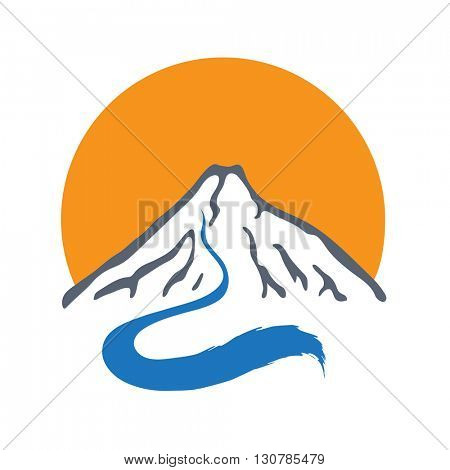 Mountain river and sun, vector logo illustration.