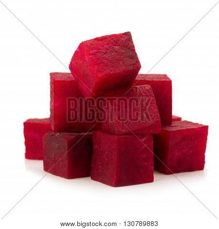 Fresh Beetroot Cube Slices Closeup Isolated On White Background