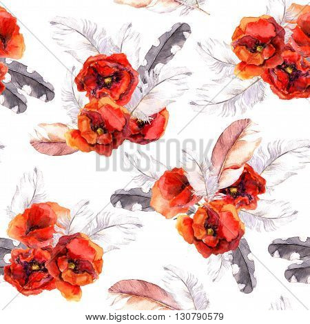 Vintage floral repeating sealess background with poppies and feathers in natural colors
