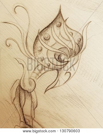 allien figure  ornamental drawing on old paper