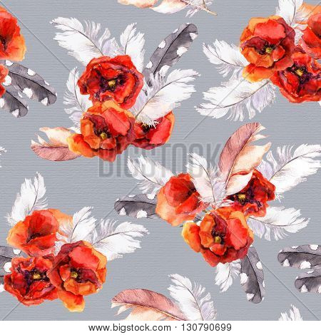 Vintage floral repeating sealess background with poppies and feathers in natural colors
