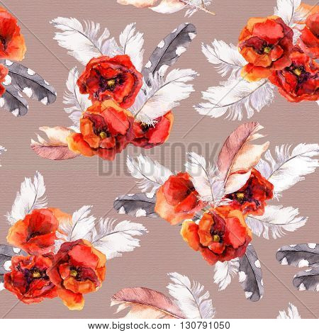 Vintage floral repeating sealess background with poppies and feathers in natural colors