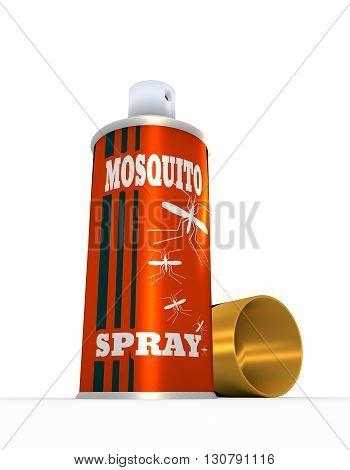 Illustration of anti-mosquito spray with cap over white background. 3D rendering. Metallic painting label. Mosquito spray text.