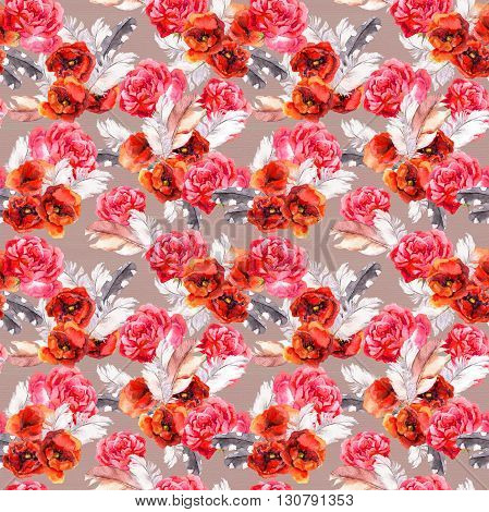 Vintage floral repeating sealess background with poppies and feathers in natural colors