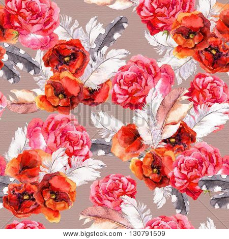 Vintage floral repeating sealess background with poppies and feathers in natural colors
