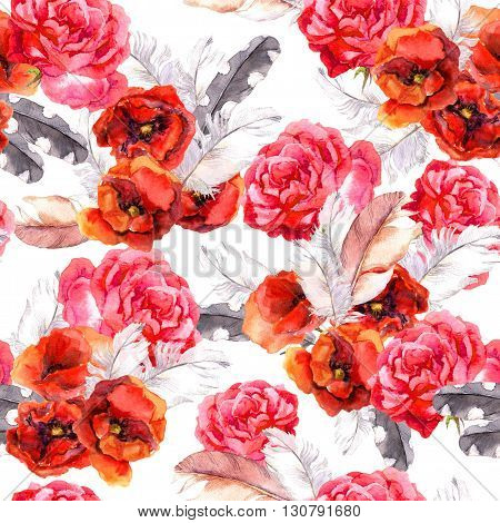Vintage floral repeating sealess background with poppies and feathers in natural colors