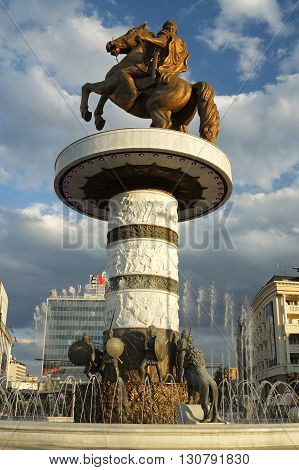 Macedonia Skopje Alexander the Great Monument and fountain at Macedonia Square afternoon light