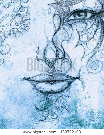 Man face with ornament, pencil drawing, eye contact. Color effect and Computer collage