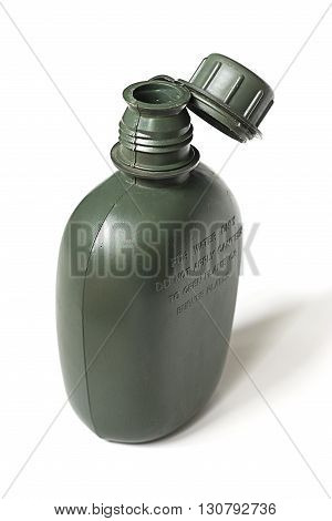 Army plastic canteen on a white background.