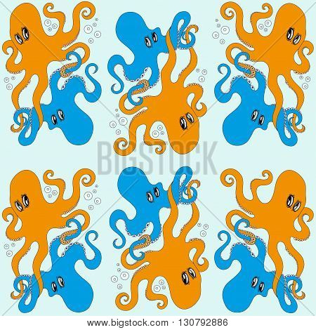 Two blue and orange octopus play under water