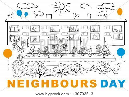 Neighbors Day. Neighbors at banquet table in yard. Vector cartoon illustration