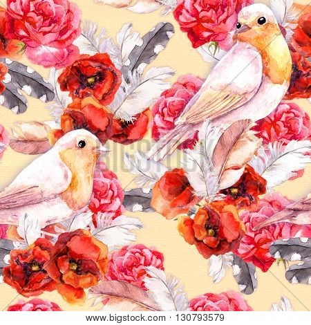 Vintage floral repeating sealess background with poppies, feathers and birds in natural colors