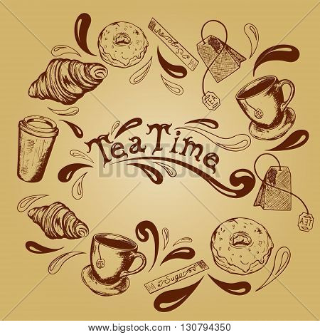 inscription tea time in the center of the frame of the tea cups tea bags donuts croissants sugar stick and splashing in retro style