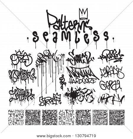Big set of seamless patterns graffiti style king of style in black and white colors. The set consists of 7 original calligraphy compositions