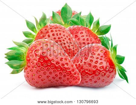 Five perfectly cleaned strawberries with leaves isolated on the white background with clipping path