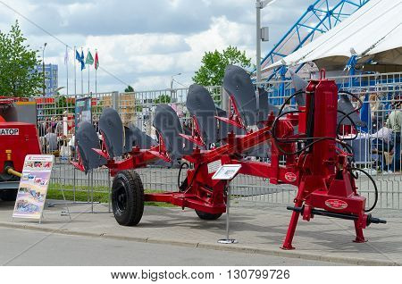GOMEL BELARUS - MAY 19 2016: Plough five corps semi-mounted reversible PO-4+1-40K in the open air during the XVII International Universal Exhibition-Fair 