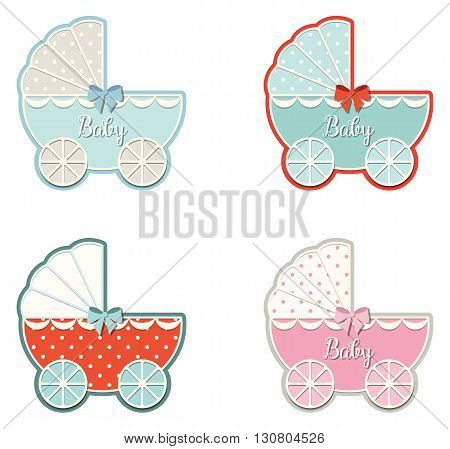set of four vintage strollers isolated on white background, vector illustration, eps 10 with tranparency