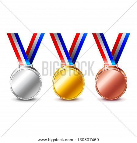 Golden silver and bronze medals isolated on white photo-realistic vector illustration