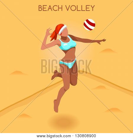 Beach Volley Player Summer Games Icon Set.3D Isometric Beach Volleyball.Sporting Championship International Beach Volley Competition.Sport Infographic Volley Vector Illustration