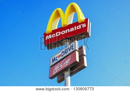 BADEN-BADEN, GERMANY  - MAY 5, 2016: McDonald's restauraunt sign. The McDonald's Corporation is the world's largest chain of hamburger fast food restaurants.