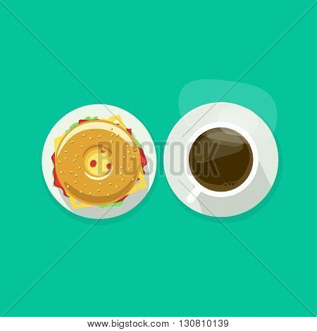 Coffee cup with donut sandwich top view vector illustration, coffee break, breakfast meal, fast food snack, burger and tea mug on plate flat simple cartoon design isolated on green background