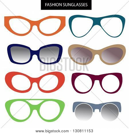 A set of fashion sunglasses and frames. Cats Eye. Vector silhouette.Spectacles in trendy colors 2016.