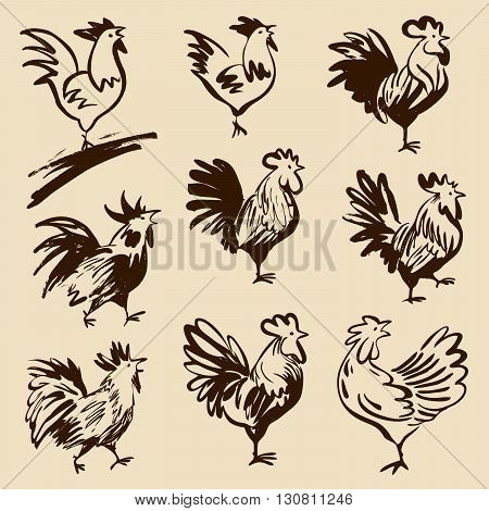 Roosters in different poses. Vector silhouettes roosters. Hand drawn cocks.