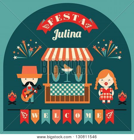 Latin American holiday the June party of Brazil. Flat illustration with symbolism of the holiday
