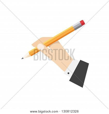 Hand holding pencil illustration, lead pencil with rubber in hand ready to draw or make note, flat cartoon icon design isolated on white background image