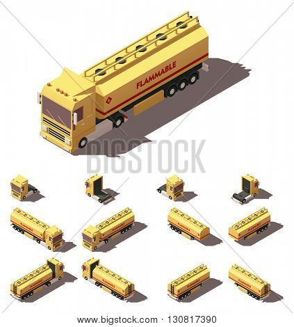 Vector Isometric icon or infographic element representing truck or tractor with tanker trailer or semi-trailer. Every truck and trailer in four views with different shadows