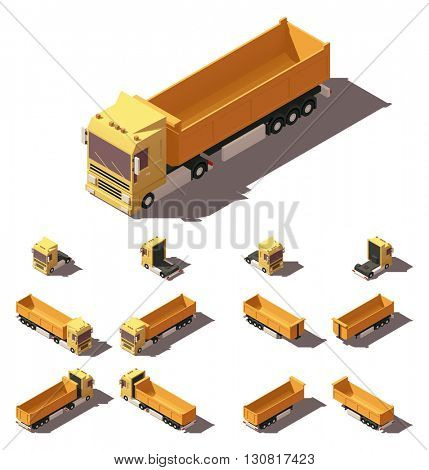 Vector Isometric icon or infographic element representing truck or tractor with tipper trailer or semi-trailer. Every truck and trailer in four views with different shadows