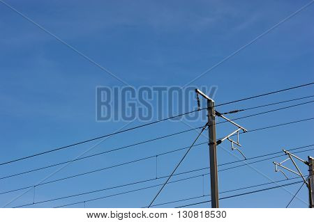 Railway power line supports and wires on a clear blue sky background