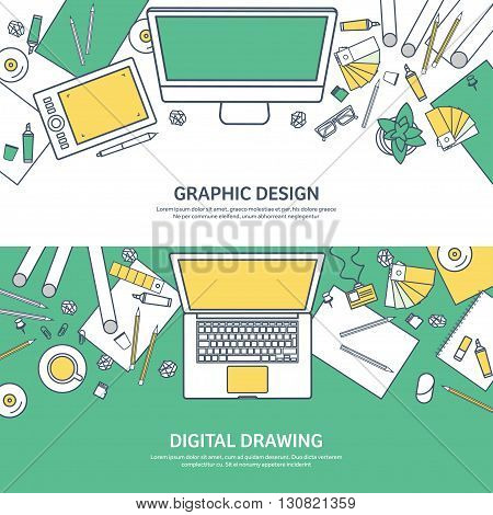 Lined, ouline flat graphic web design. Drawing and painting. Development. Illustration, sketching, freelance. User interface. UI. Computer, laptop.