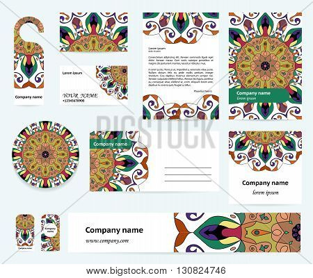 Stationery template design with colorful mandalas. Blue green and terracot colors. Documentation for business.