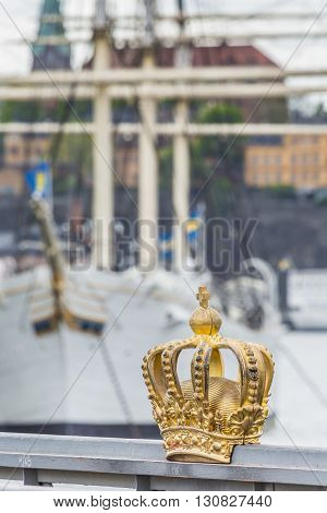 Skeppsholmsbron (skeppsholm Bridge) With Its Famous Golden Crown In Stockholm, Sweden