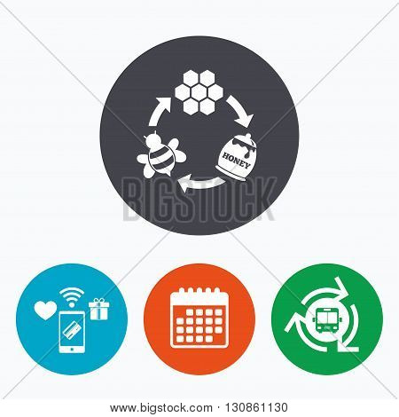 Producing honey and beeswax sign icon. Honeycomb cells symbol. Honey in pot. Sweet natural food cycle in nature. Mobile payments, calendar and wifi icons. Bus shuttle.