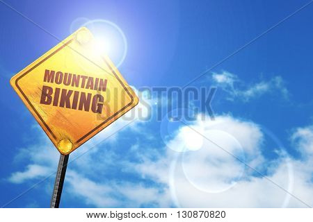 moutain biking, 3D rendering, a yellow road sign