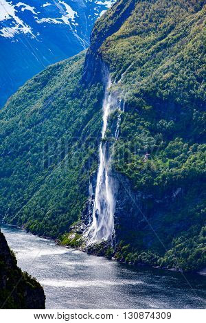 Geiranger fjord, waterfall Seven Sisters. It is a 15-kilometre (9.3 mi) long branch off of the Sunnylvsfjorden, which is a branch off of the Storfjorden (Great Fjord).
