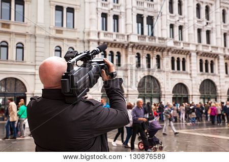 TRIESTE ITALY - MAY 14: Cameraman make a movie in the street on May 14 2016
