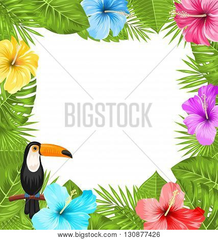 Illustration Exotic Jungle Frame with Toucan Bird, Colorful Hibiscus Flowers Blossom and Tropical Leaves, Copy Space for Your Text - Vector