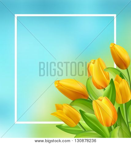 Illustration Natural Frame with Yellow Tulips Flowers, Copy Space for Your Text. Beautiful Nature Card - Vector