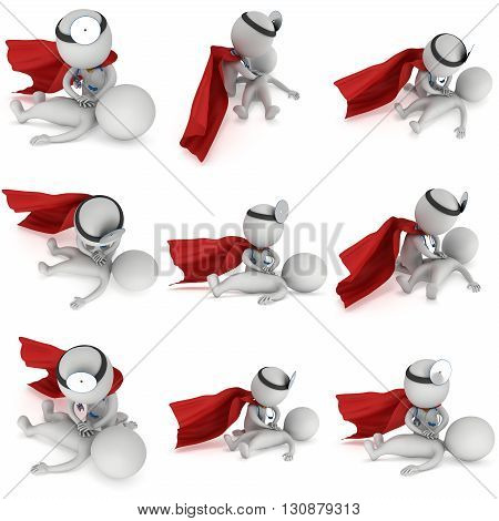 Superhero Doctor doing CPR First Aid Set. 3d CPR training concept on white background. CPR illustration
