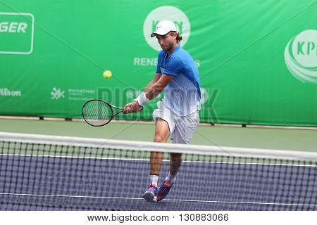 Bangkok Thailand - May 17 2016: Sam Barry is an Irish professional tennis player. KPN Renewables Bangkok Open 2016 at Rama Gardens Hotel.