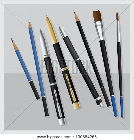 Set Realistic 3D Pen and Pencil and Business Pen and Paintbrush and Drawing Pencil and Clutch-type pencil