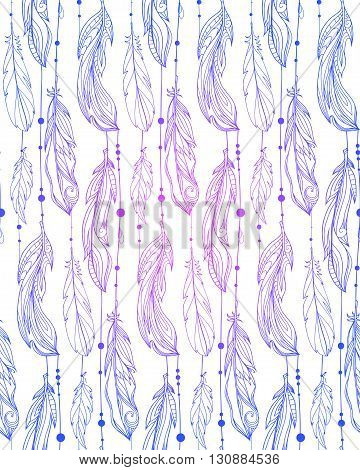Seamless pattern of hand drawn feathers with boho pattern. Tribal doodle background. Vector element for your creativity.
