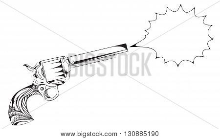 Hand drawn revolver with boho pattern and speech bubble for text. Vector vintage element for tattoo design printed on a T-shirt postcard and your creativity