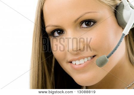 Young beautiful Customer Service Operator Mädchen im Headset, Lächeln, auf weißen TERGRU isoliert